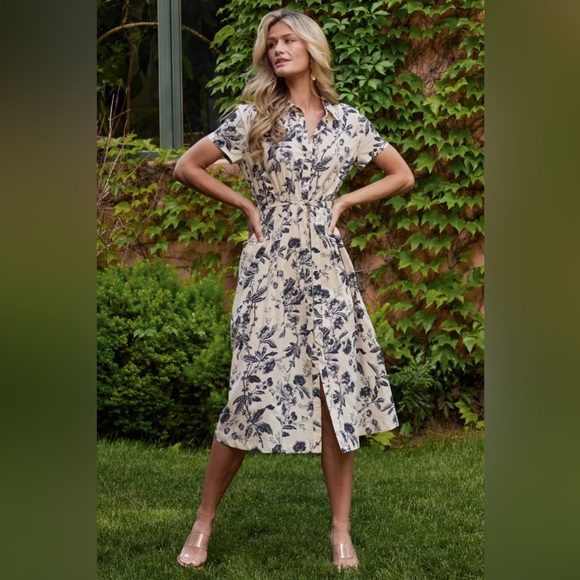 NWT Baltic Born Lorna Midi Dress | Beige + Navy Print - Picture 3 of 8